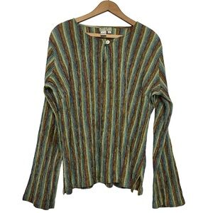 The Territory Ahead Colorful Boho Smocked Striped Long Sleeve Top w Keyhole Neck